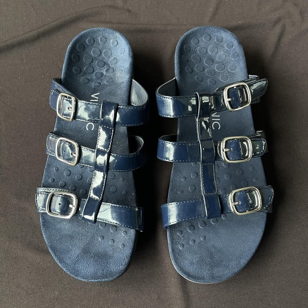 Vionic‎ Sandals Womens Size 11 Navy Misa Patent Buckle Slide Orthotic TVW5135